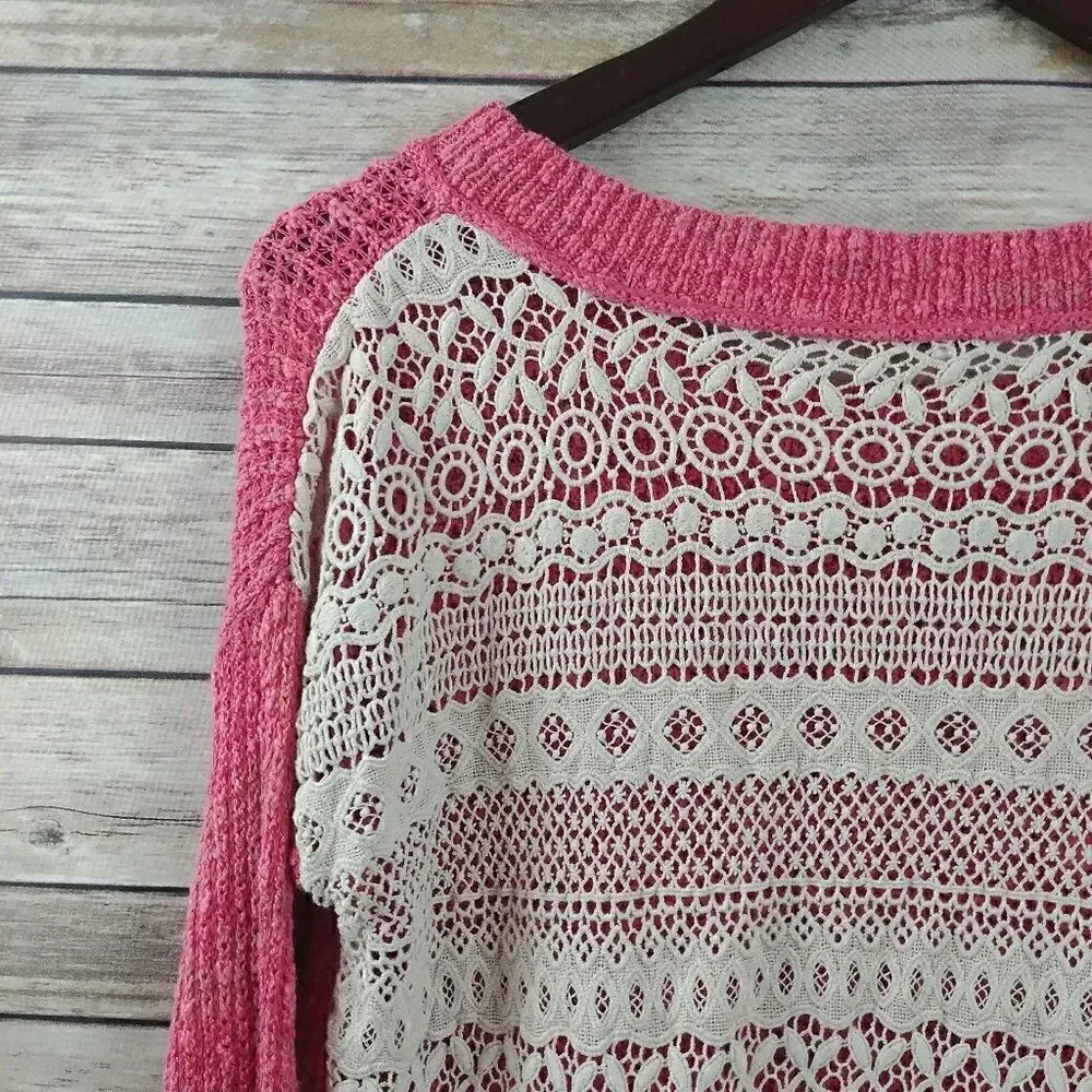 Free People Womens Lace Back Embroidered Sweater Top Pink XS